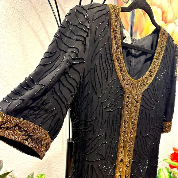 Vintage Brilliante by J.A. 100% silk beaded with black & Gold midi dress size XL - Picture 8 of 16